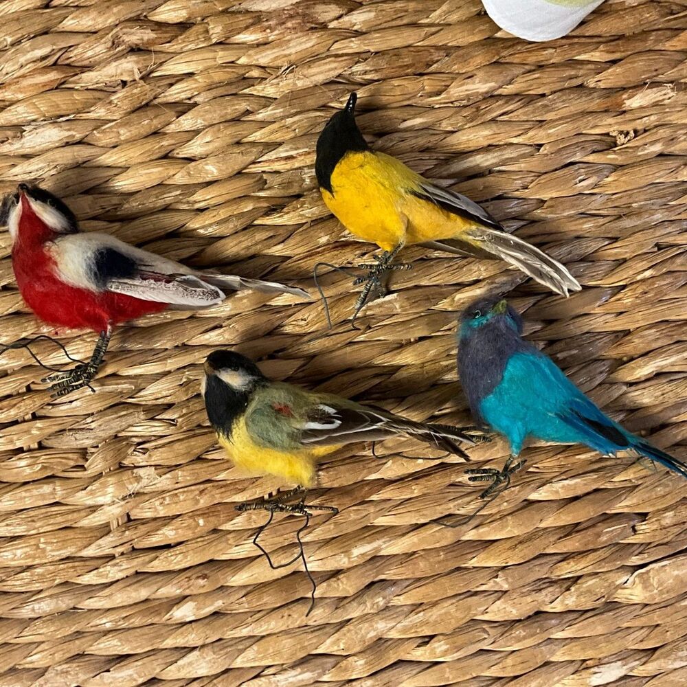 4 Vintage Feather Bird Christmas Tree Ornaments / Floral Picks – Wire Feet